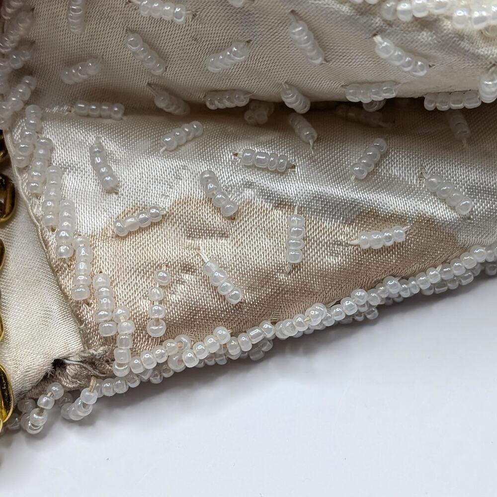 Vintage Tapestry Floral White Beaded Purse Shoulder Bag Adjustable Chain Strap - Picture 8 of 12